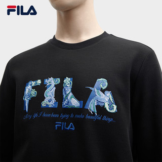 FILA 斐乐 男子针织加绒卫衣卫衣2024春季休闲运动上衣套头衫 正黑色-BK 180/100A/XL