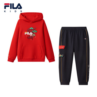 FILA龘龘龙系列2024龙年套装中大童男女童连帽卫衣长裤新年两件套 传奇红-RD 160