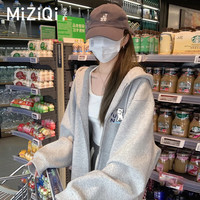 米子旗连帽加绒短外套女ins潮韩版宽松2024年长袖开衫卫衣 春秋暗蓝字8861左胸小-灰色 S 70-95斤