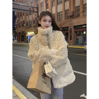 艾柔丹秋冬季韩版宽松仿羊羔绒外套女装加厚皮毛一体短款女士上衣服 图片色 XL