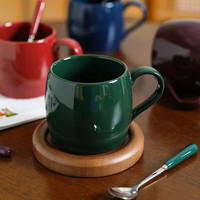 舍里纯色咖啡杯碟套装马克杯带勺碟创意简约陶瓷办公室喝水杯子大容量 圆形相思木杯垫+草绿色杯勺 规格