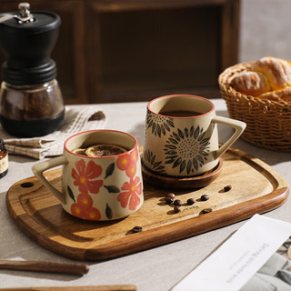 舍里 复古手绘马克杯陶瓷水杯子下午茶办公室喝水杯创意燕麦早餐杯茶杯 红花300ML 单个入