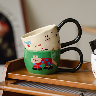 肆月韩式ins马克杯家用陶瓷大耳朵把手杯创意卡通杯子喝水咖啡杯 白色斑点狗