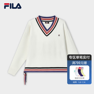 FILA 斐乐 女子织衫2024春时尚休闲下摆流苏舒适V领毛衣 蒸汽白-IV 160/80A/S