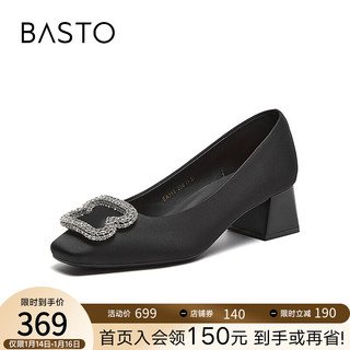 BASTO 百思图 2024春季新款时尚简约闪钻粗跟方头浅口女单鞋EA113AQ4 黑色 36
