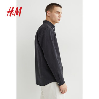 H&M男装衬衫宽松棉质纯色长袖衬衣外套1013956 烟灰色 175/100A