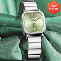 DOM新年手表女复古小表盘女士手表气质小方糖防水石英女表 钢带墨绿表盘