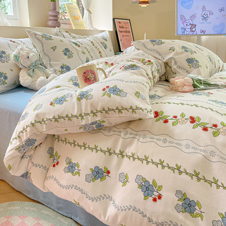 Disney 迪士尼 皇冠家纺全棉四件套简约花卉田园风纯棉三件套宿舍床单被套