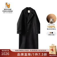William fox&sons 重磅澳毛精纺初剪100%绵羊毛过膝加长款气质双排扣双面羊毛呢大衣 黑色-100%绵羊毛