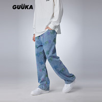 GUUKA潮牌个性字母满印牛仔裤男 时尚抢眼吸湿透气长裤宽松百搭 浅蓝 S