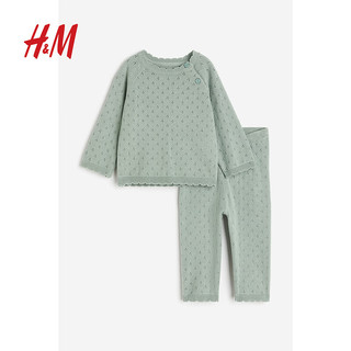 H&M童装女婴宝宝套装2件式针织圆领套衫打底裤1205222 灰绿色 80/48