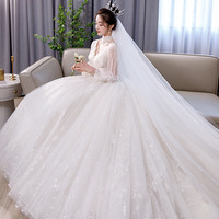 红妆饰佳 婚纱2023 新娘长袖超仙v领齐地重工高级大拖尾主婚纱 浅香槟齐地 XXL