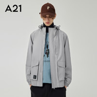 A21风衣外套男装春秋合体连帽外套情侣装3M反光印花时尚外套易穿搭 中灰 170/84A/M