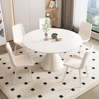 兰尼森奶油风岩板餐桌椅组合简约现代家用小户型客厅带转盘吃饭桌子 岩板圆餐桌 1.2米