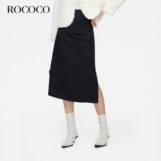 ROCOCO 洛可可 肌理感设计提花黑色显瘦半身裙女2024春侧开叉百搭裙子 黑色 S