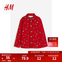 H&M童装男童衬衫翻折领印花棉质衬衫1163558 红色/图案 120/60