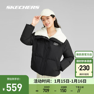 斯凯奇（Skechers）冬百搭短款羽绒服女舒适潮流翻领外套L423W124 碳黑/0018 M