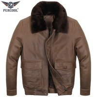 PERCOOL欧美休闲真皮皮衣男头层纯牛皮皮外套大码飞行服冬季厚皮夹克 驼色 XL号（180斤-215斤）
