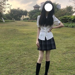 婍妡两件套jk制服套装甜辣衬衫上衣女短袖泡泡袖纯欲衬衣百褶裙 收腰衬衫+领结+百褶 M94-106