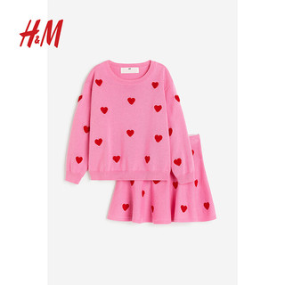 H&M2023童装女童套装2件式冬季细密针织柔软舒适套衫连衣裙1179402 粉色/心形 90/52