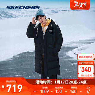 斯凯奇（Skechers）冬季长版羽绒男女款抽绳连帽保暖休闲外套L423M161 男款-碳黑/0018 XXL