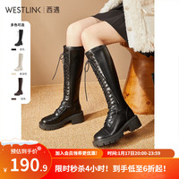 WESTLINK 西遇 长筒靴骑士靴女秋冬时尚增高马丁靴系带长靴女 黑色 单层 35