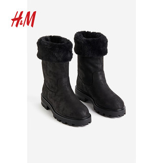 H&M女鞋靴子时尚简约厚底保暖加绒圆头踝靴1194908 黑色 35 220