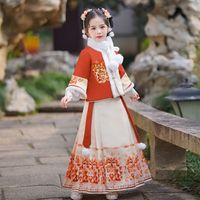 佩奇部落 新款儿童龙年拜年服冬季汉服女童萌龙舞狮古风超仙加绒加厚套装新 外套+里衣+裙子+毛领收藏送发 .120