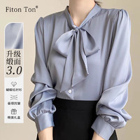 FitonTon长袖衬衫女春秋款蝴蝶结系带设计感职业气质衬衣缎面上衣蓝色 L L（115-125斤）