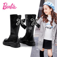芭比童鞋冬季加绒棉靴女童时尚长靴蝴蝶结儿童高筒靴DA5731黑色33码  黑色/加绒