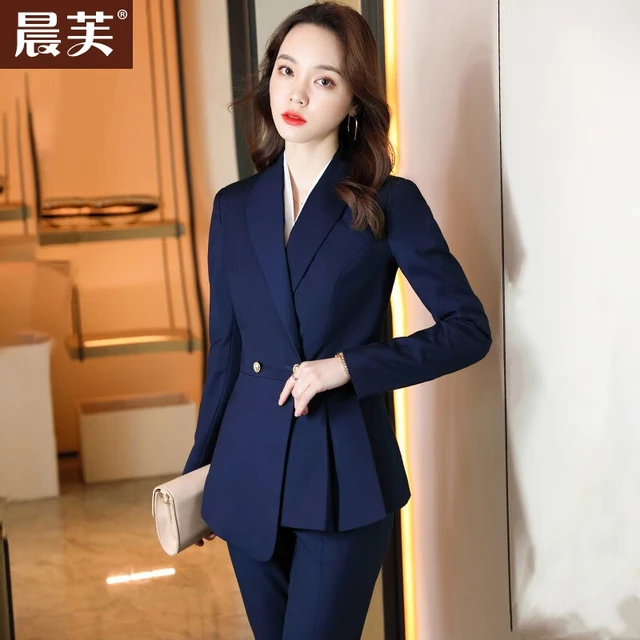 晨芙职业装女装套装长袖小西装外套女不规则下摆设计感小众美容珠宝酒店前台经理正装播音艺考主持人工作服 深蓝色外套+西裤 XL