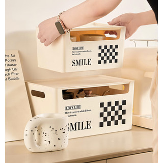 卡维瑞收纳盒桌面杂物零食玩具长方形整理箱防尘储物盒 奶油色-大号