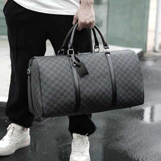 墨莱奇男士旅行包手提超大容量出差旅游袋短途商务登机行李包 格子黑色大号（53*24*32CM）