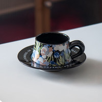 SUCCOHOMEWARE小清新花卉复古风咖啡杯家用早餐牛奶杯公司办公室下午茶杯点心盘 GARDEN黑色咖啡杯(一杯一碟)