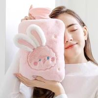 维诺亚注水热水袋插手卡通可爱毛绒灌水暖手宝暖肚子大容量布套 粉色长耳兔加绒加厚2000ml双插手