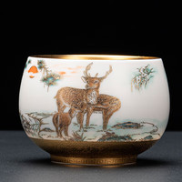 茗山堂周鸿杰大师手作茶杯个人鎏金建盏风生水起主人杯鹿金杯品茗杯 周鸿杰风生水起鎏金杯礼盒装 180ml