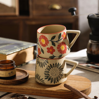 舍里复古手绘马克杯陶瓷水杯子下午茶办公室喝水杯创意燕麦早餐杯茶杯 黄花300ML 单个入