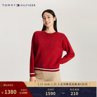 TOMMY HILFIGER【龙年系列】 24早春女字母通身提花圆领落肩针织毛衣41635 深红色0KT M