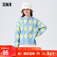 Semir 森马 毛衣女菱形格开叉上衣复古时尚冬季oversize圆领毛衫101722107011 黄蓝色调00338 L