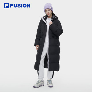 FILA FUSION斐乐潮牌长款羽绒服女冬季时尚休闲连帽外套 正黑色-BK 165/84A/M