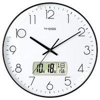 TIMESS 液晶显示万年历挂钟客厅卧室圆形钟表家用免打孔时钟时尚创意简约扫秒机芯石英钟P12B-1黑边白面30厘米