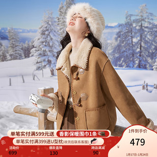 X.YING 香影 牛角扣麂皮绒外套女2023年冬季新款羊羔毛风皮毛一体短款大衣 驼色 L