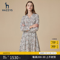 HAZZYS 哈吉斯 V领印花长袖连衣裙秋季新款英伦风中长款气质裙子女