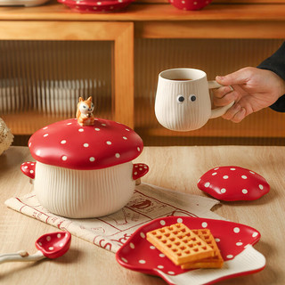 舍里可爱红蘑菇餐具陶瓷饭碗家用带盖泡面碗耐高温创意碗碟女 6英寸沙拉碗 单个入
