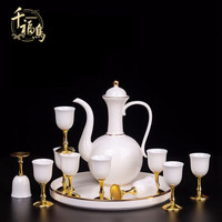 千福鸟陶瓷白酒杯酒具套装家用中式酒壶仿古手绘描金高脚杯一口小酒盅 白色套装-12件