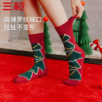 三枪圣诞袜子女士中筒袜秋冬季抗菌高弹可爱无骨袜红袜 圣诞树