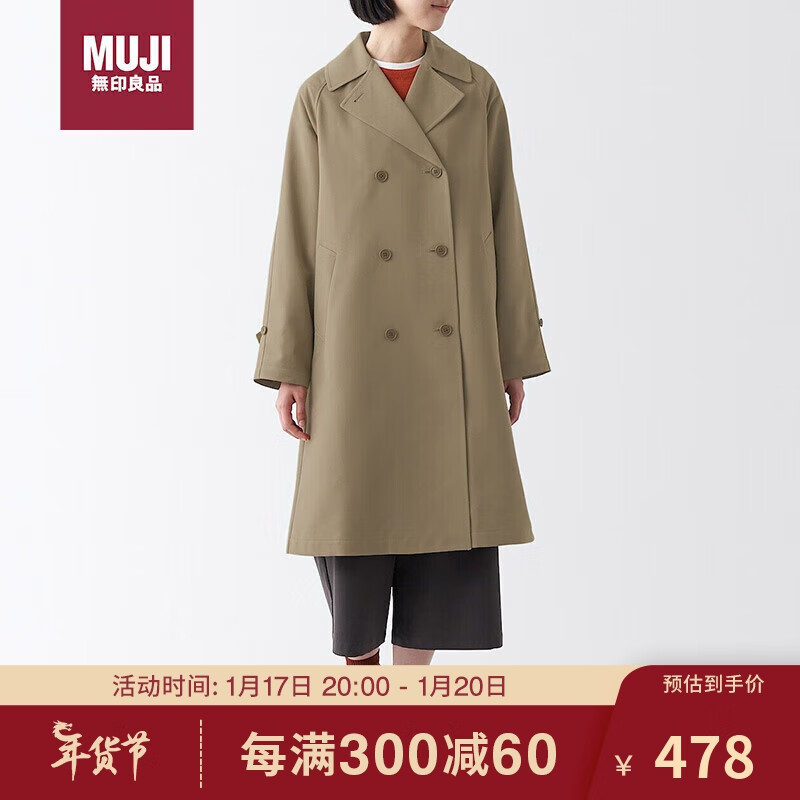 MUJI 無印良品 无印良品（MUJI）不易沾水 双排扣大衣 米色 XL