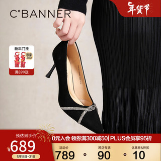 C.BANNER 千百度 细高跟鞋2024春季浅口羊皮单鞋女尖头婚鞋 黑色 34