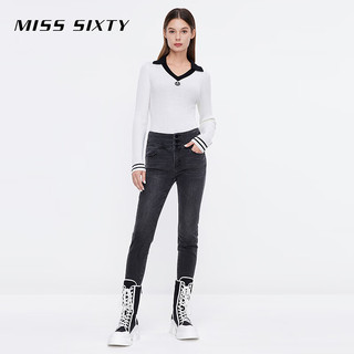 MISS SIXTY 牛仔裤女三环高腰复古黑灰修身显瘦铅笔裤 黑灰 27