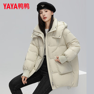 鸭鸭（YAYA）羽绒服女中长款冬季连帽防风保暖时尚潮流外套DS 梦幻米色 155/80A(S)